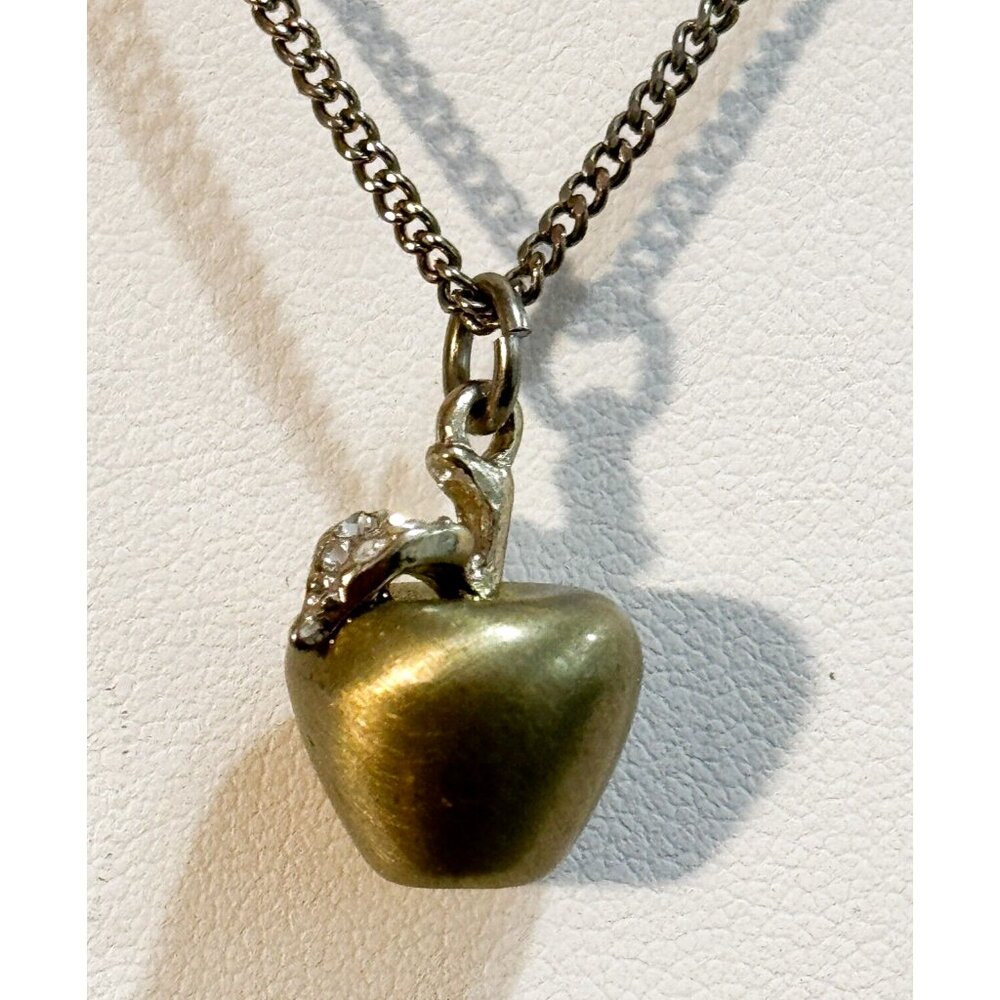 Antiqued Gold Tone Apple Pendant Clear Rhinestone Capital A Makers Mark Necklace